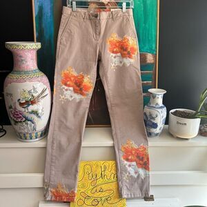 GAP Orange and Brown Straight Leg Jeans with Artistic Floral Design